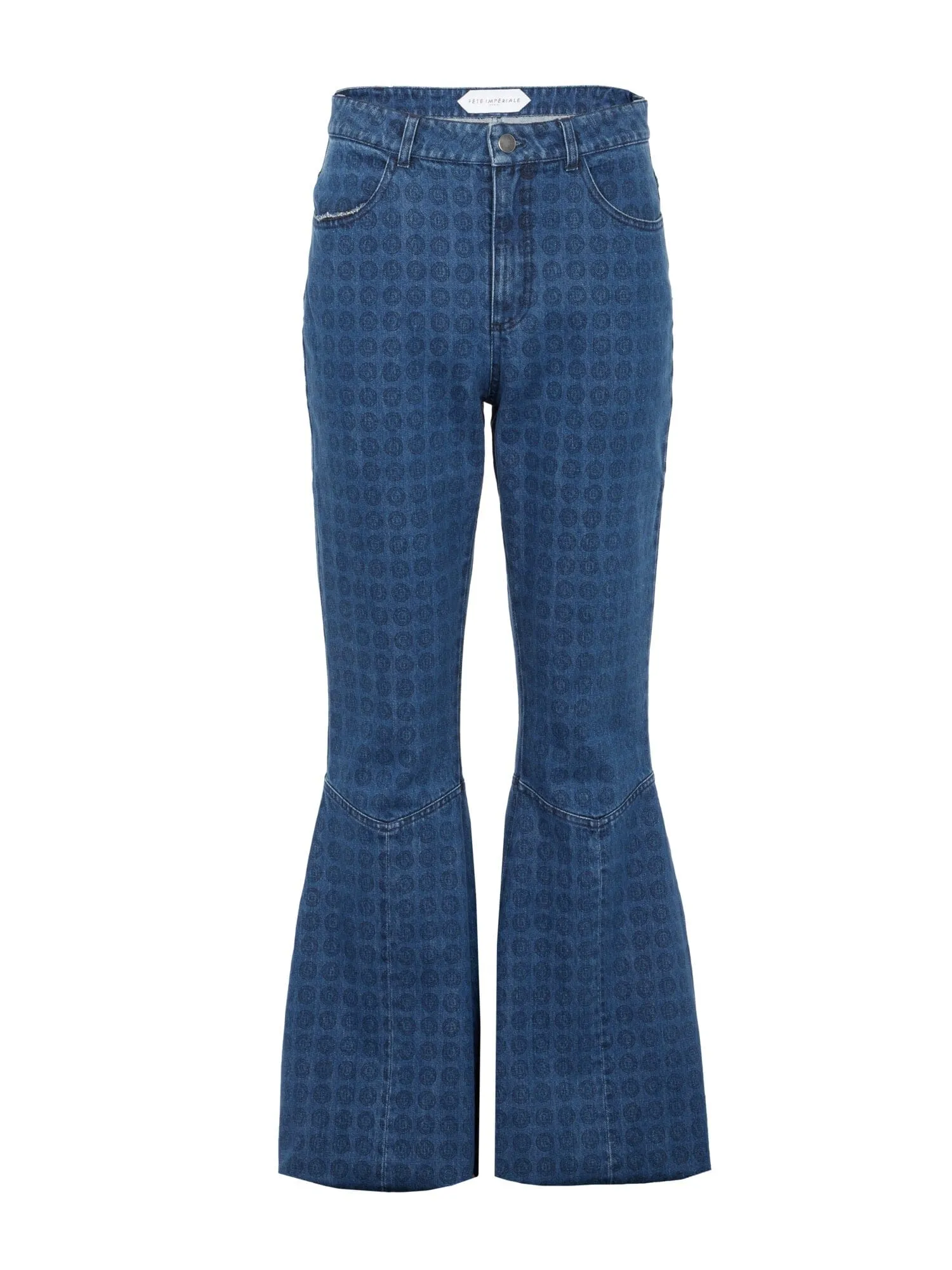 ADY - Pantalon patte d'éléphant taille haute en denim bleu imprimé blason
