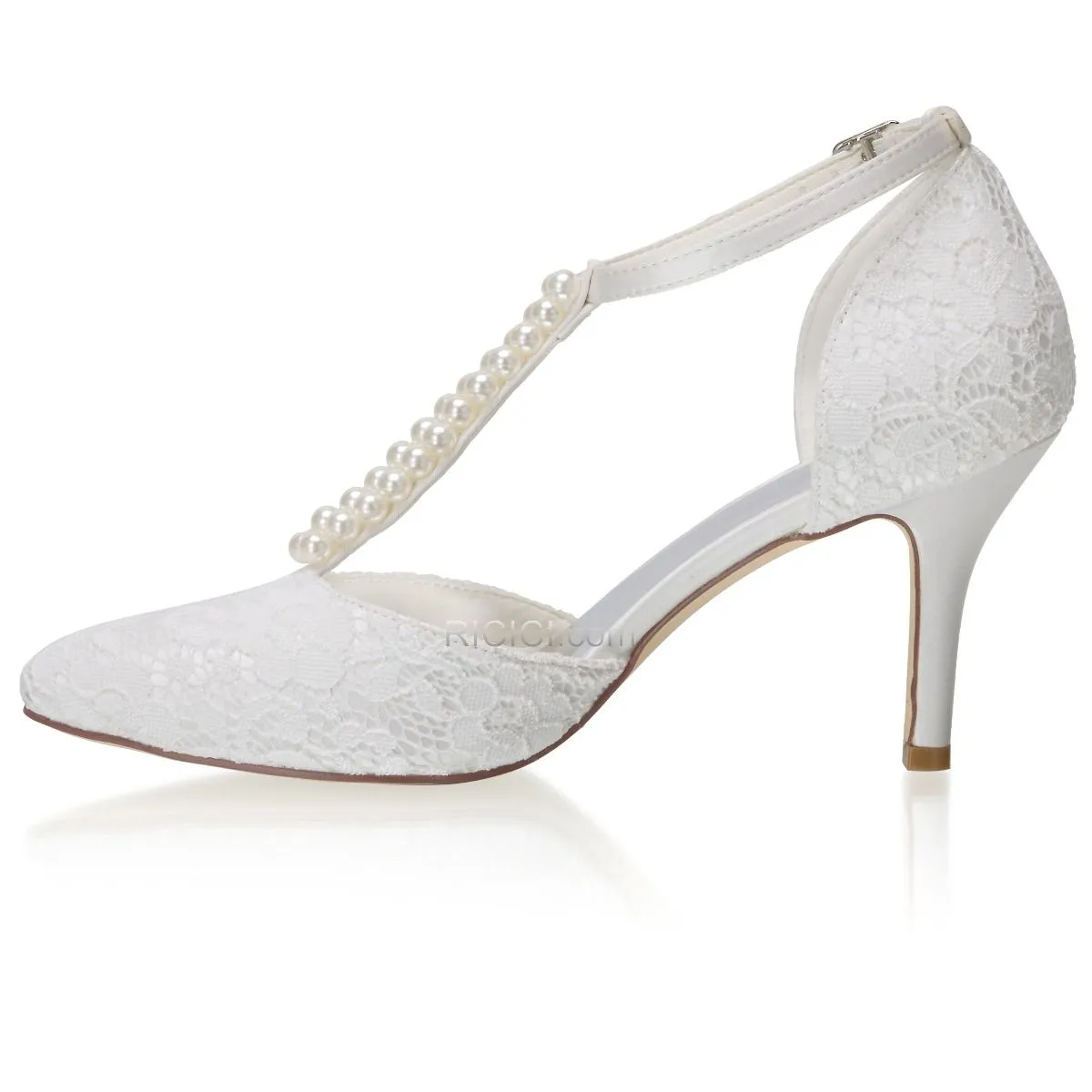 Bout Pointu Chaussure Mariée Talons Aiguilles Ivoire Avec Perle 8 cm Talon Haut Dentelle Escarpins