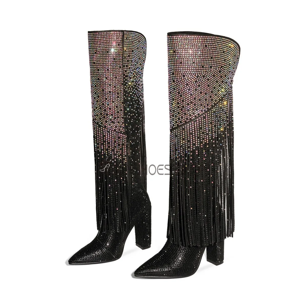 Bout Pointu Chaussures Ceremonie Strass À Talon Talon Carré Simili Cuir Bottes Hautes Paillette À Frange Noire Chaussure De Soir