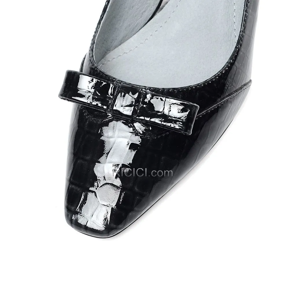 Bout Pointu Talon Mid Escarpins Talon Carrés Cuir Crocodile Imprimé Noir Chaussures Bureau