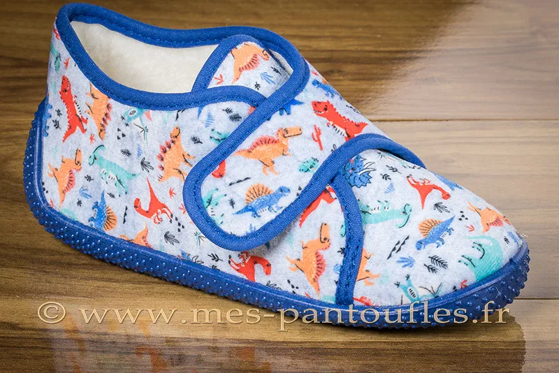 Chausson enfant à scratch bleu dinosaures