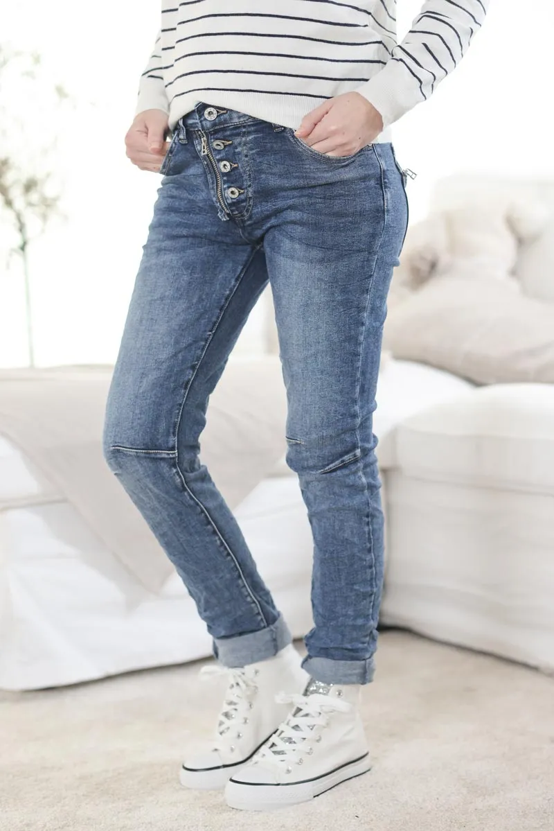 Jean slim délavé boutons et zips