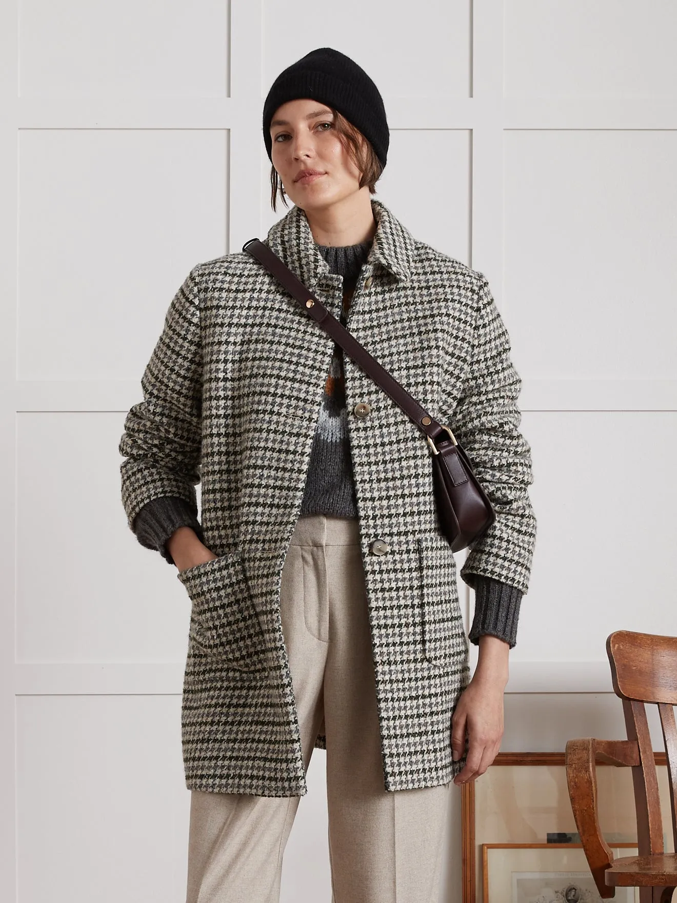 Manteau court lainage pied de coq femme