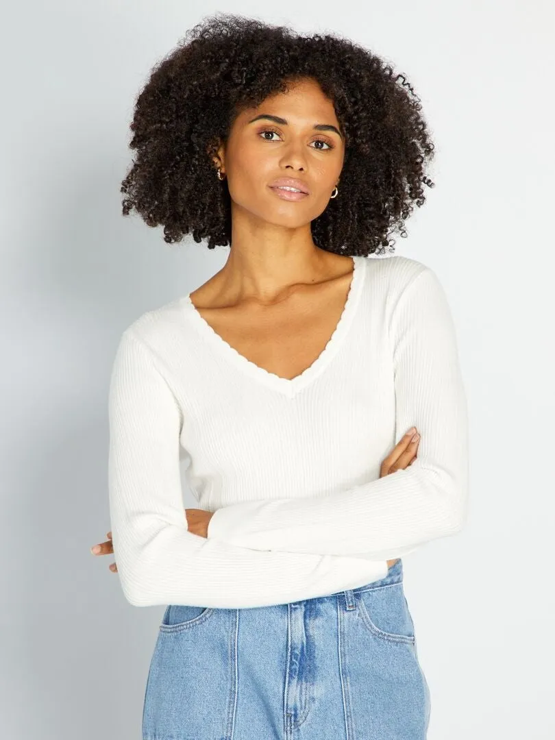 Pull en maille côtelée - Blanc