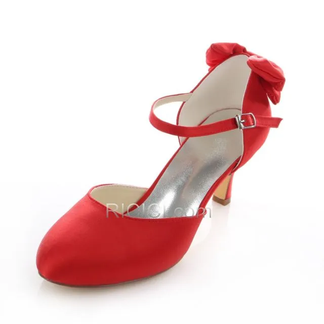 Pumps Mariée Demoiselle D'honneur Satin Chaussure Femme Talons 7 cm Aiguilles Noeud Mary Jane Rouge