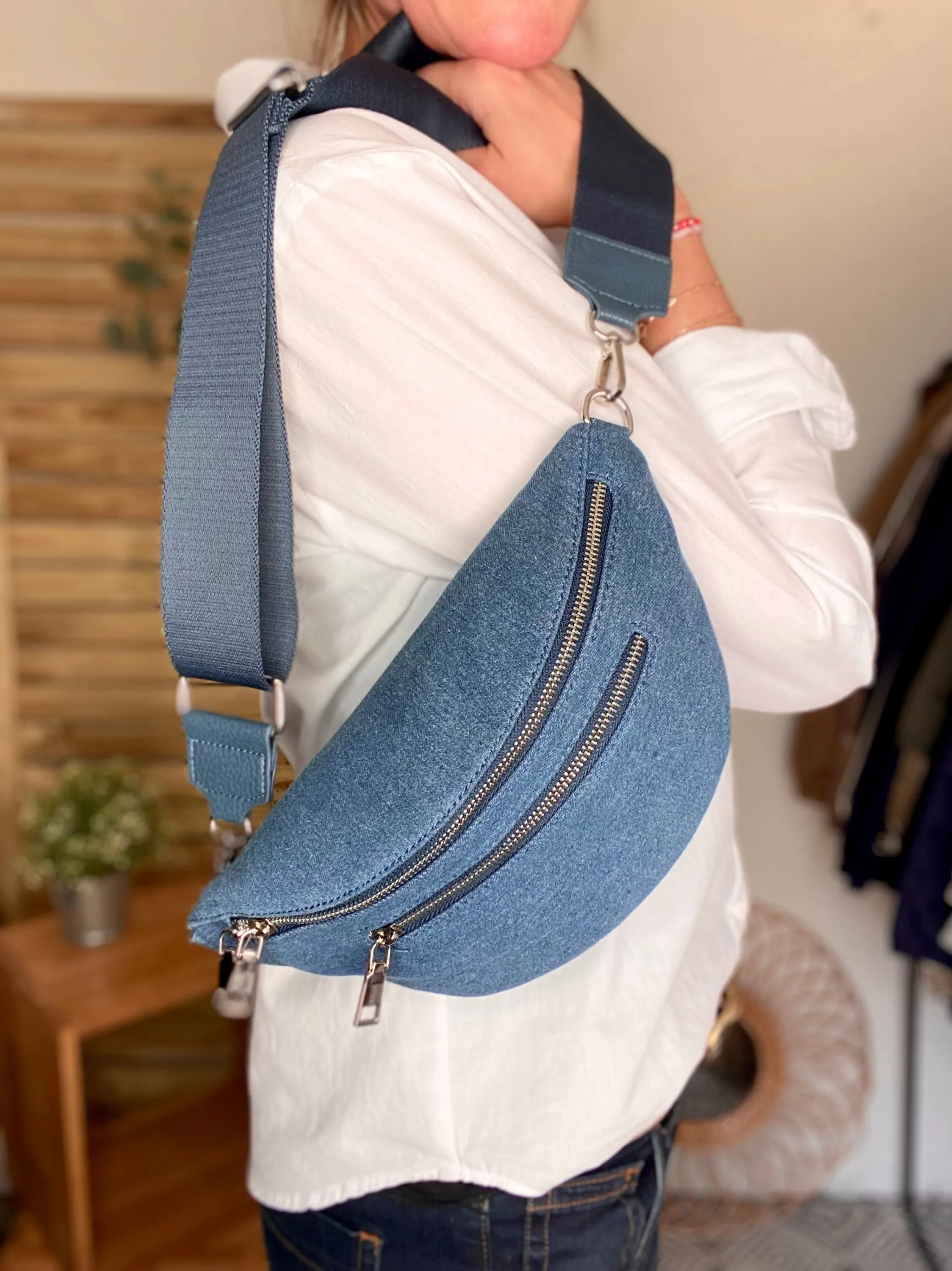 Sac banane 2 zips en jean - CHARLY - Jean Denim
