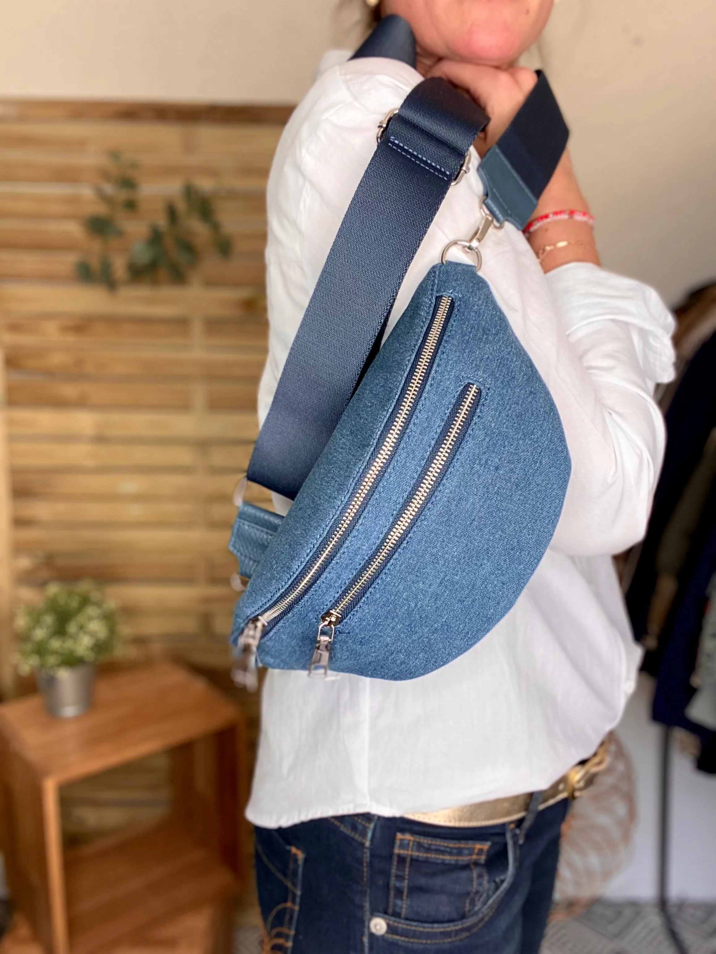 Sac banane 2 zips en jean - CHARLY - Jean Denim