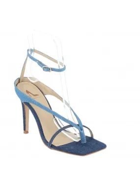 sandales entredoigts à talons lanière cheville cuir et textile bleu jean 11 cm