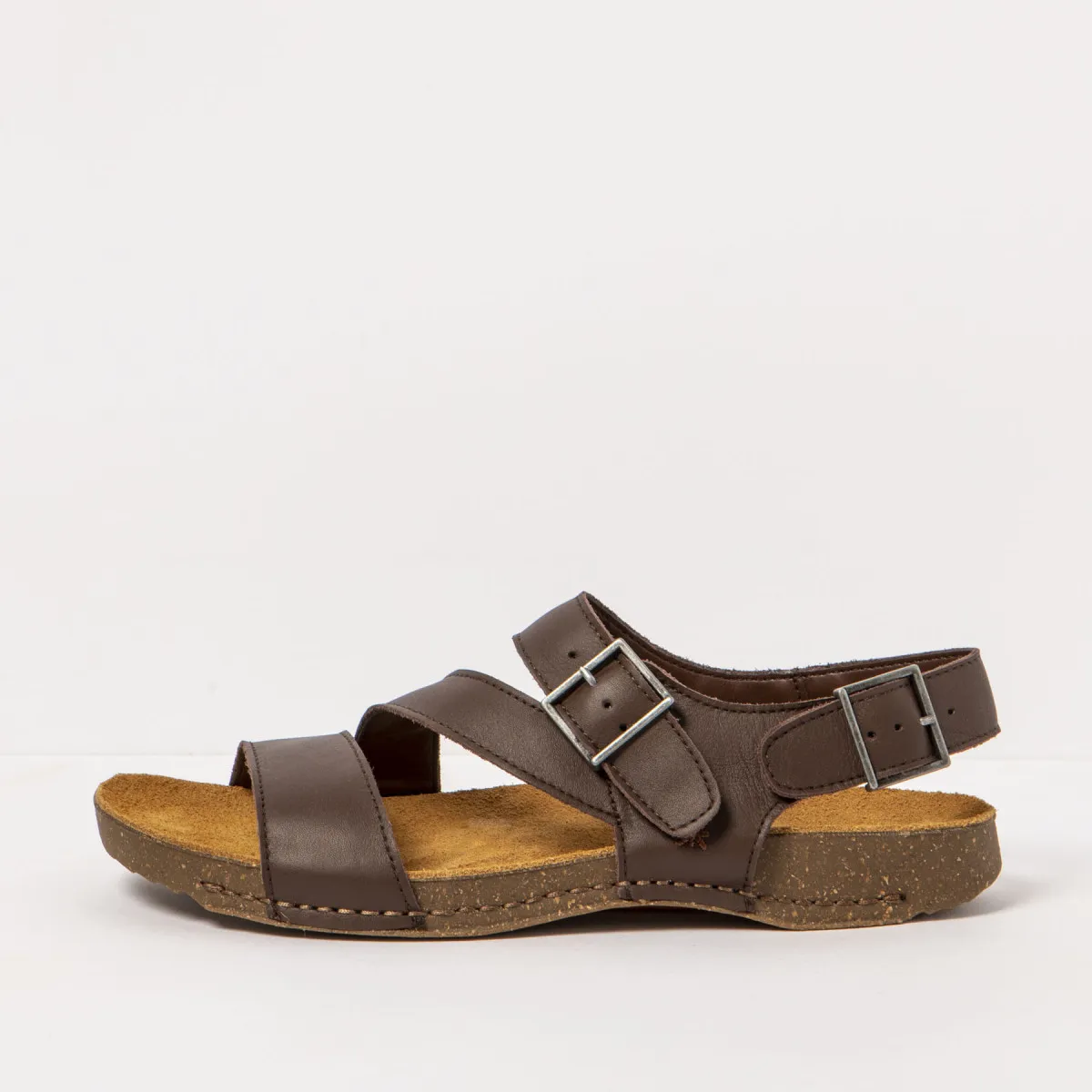 Sandales plates en cuir à brides et semelles recyclées - Marron