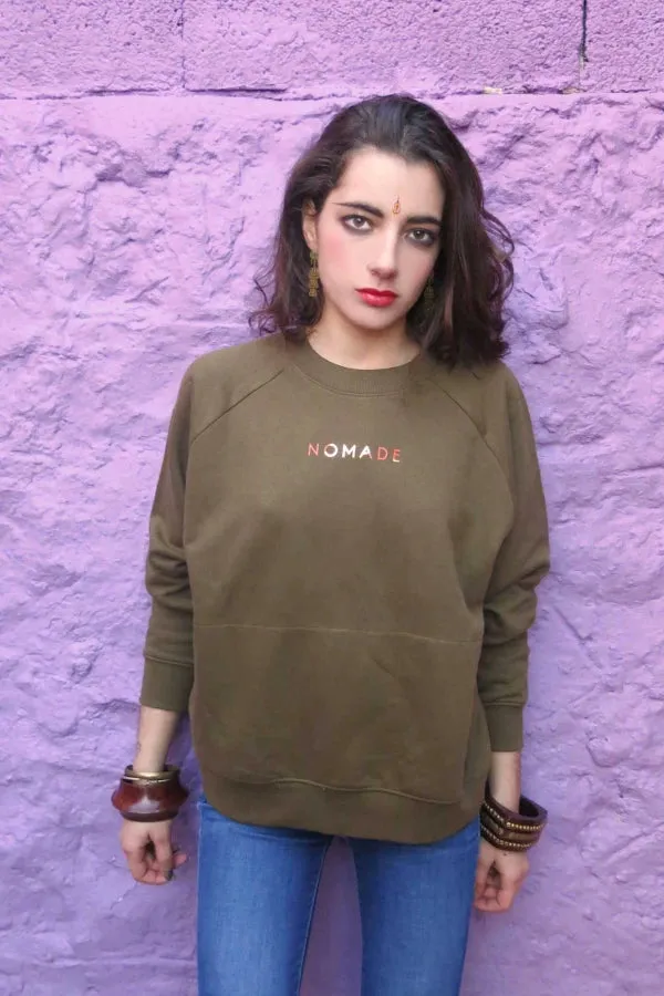Sweat en coton bio col montant- Kaki nomade