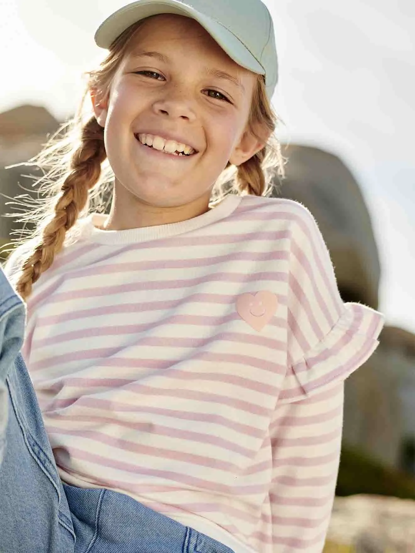 Sweat marinière fille manches à vollants bleu jean - Vertbaudet